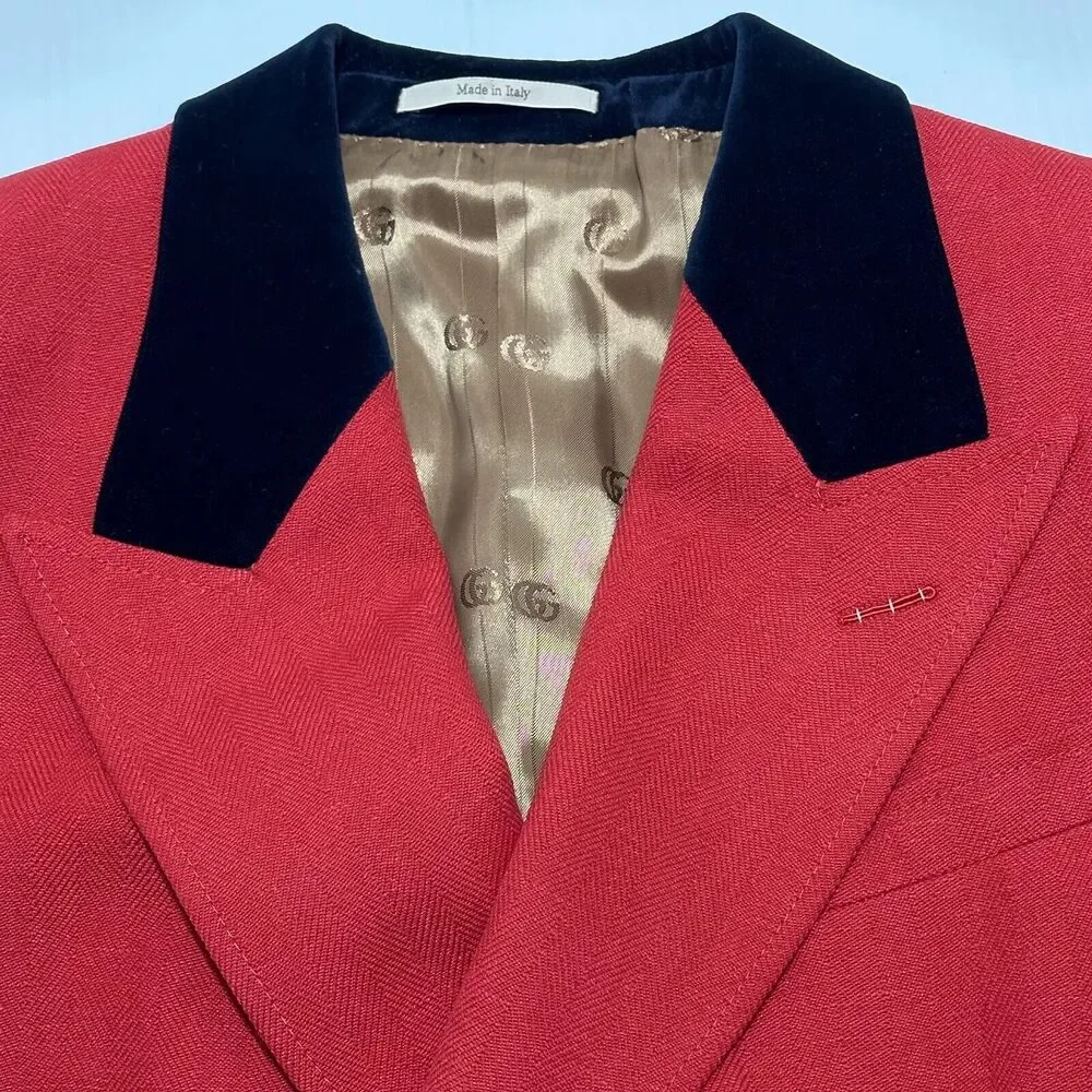 Gucci Herringbone Jacket 48 US 38 Red Wool Linen Double Breast Blazer NWT $3,600